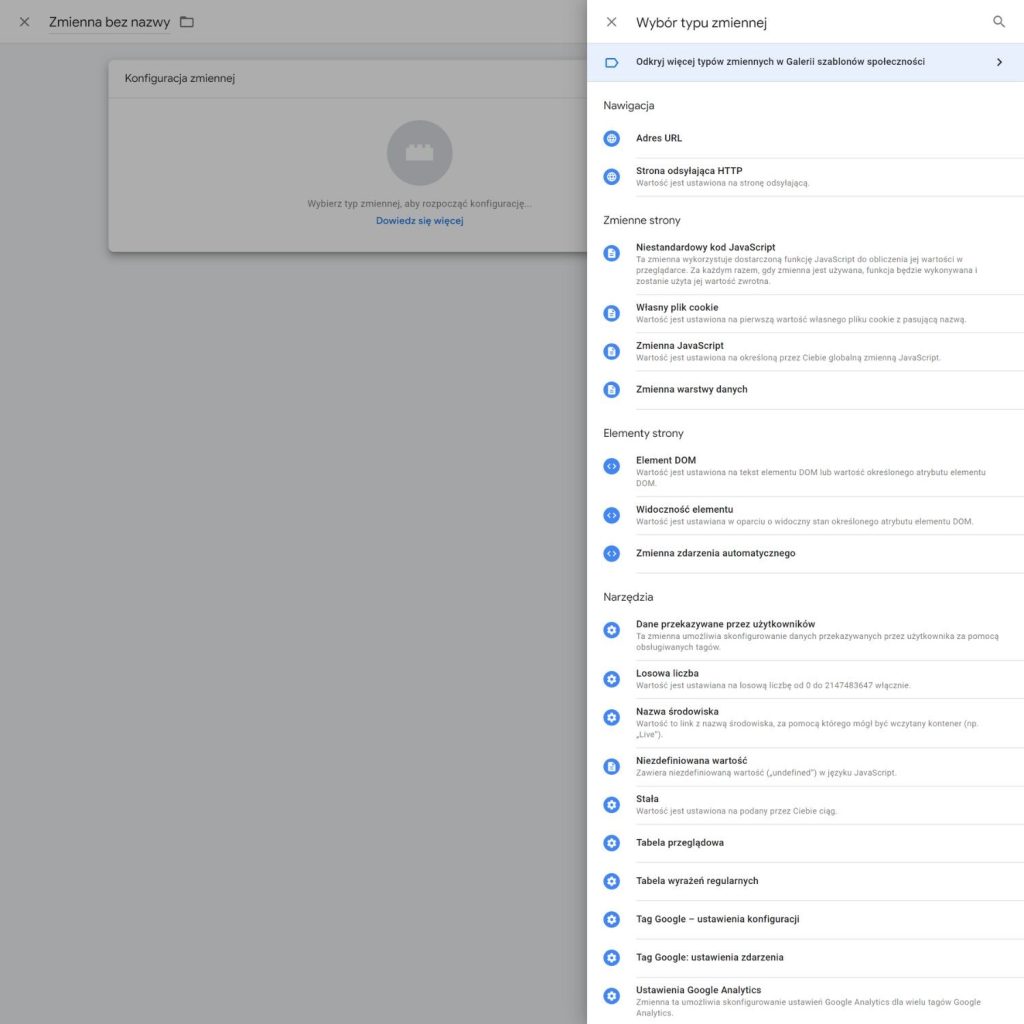 Zrzut ekranu panelu Google Tag Manager z wyborem typu zmiennej zdefiniowanej
