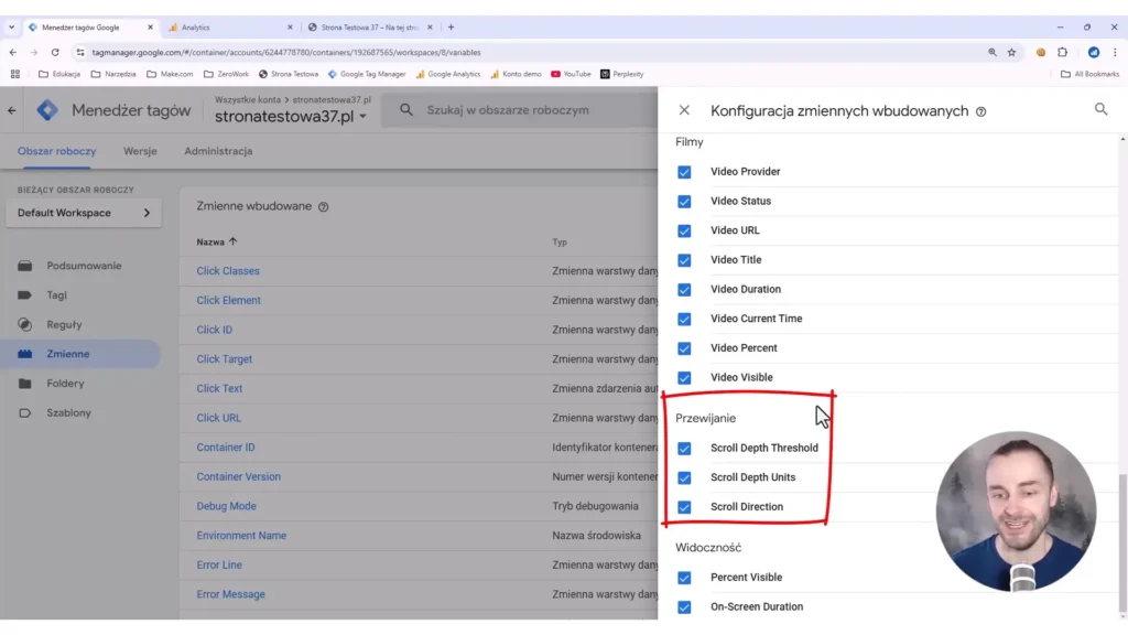 Zrzut ekrany przedstawiający listę dostępnych zmiennych w Google Tag Manager związanych ze scrollowaniem strony