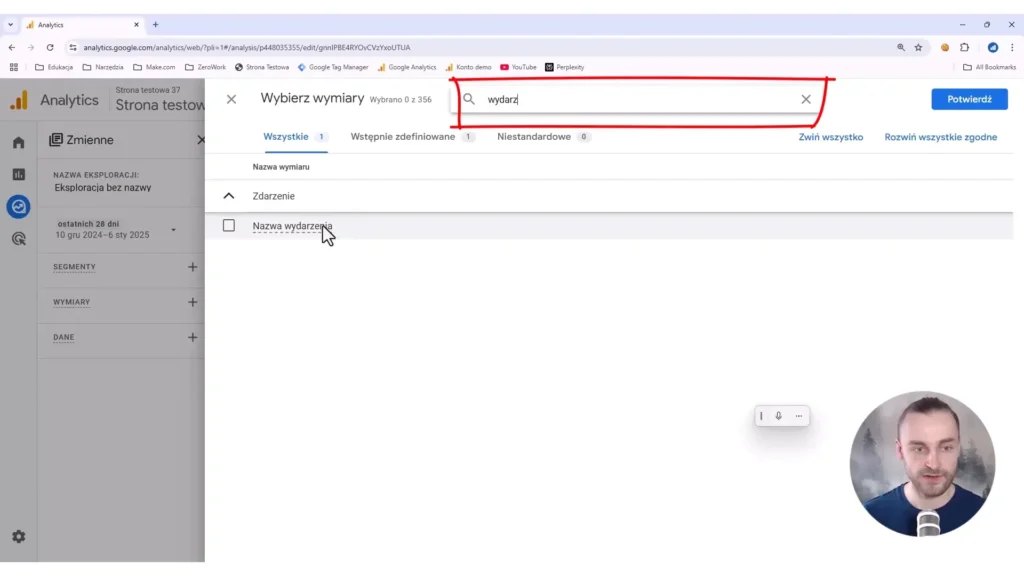 Zrzut ekrany przedstawiający wybieranie wymiaru w eksploracjach w Google Analytics