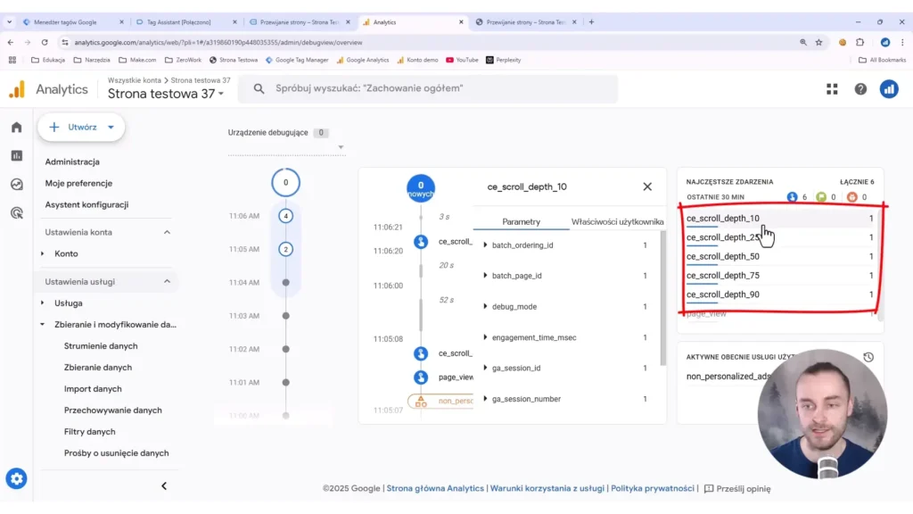 Zrzut ekrany przedstawiający odbieranie wydarzeń z Google Tag Manager w trybie podglądu Google Analytics