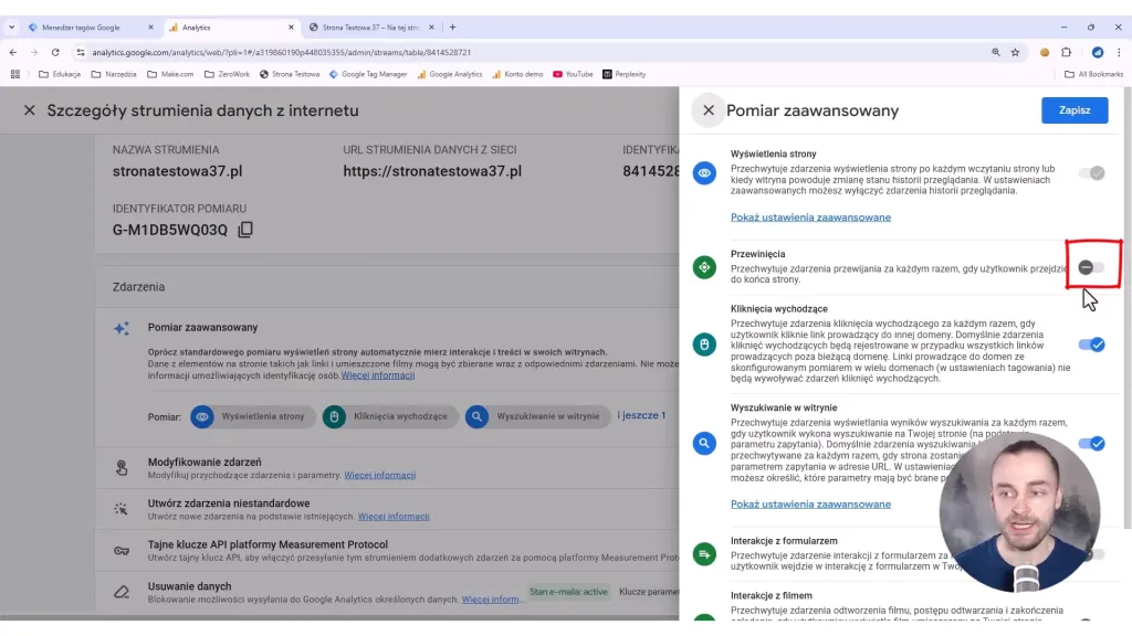 Zrzut ekrany przedstawiający możliwość wyłączenia automatycznego śledzenia scrollowania w Google Analytics 4