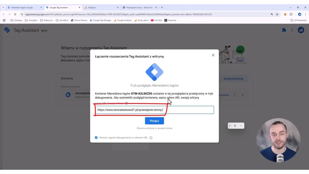 Zrzut ekrany przedstawiający wpisanie adresu strony do trybu debugowania w Google Tag Manager