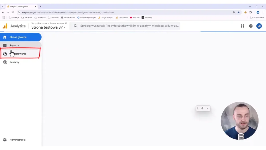 Zrzut ekrany przedstawiający przejście do sekcji eksploracji w Google Analytics