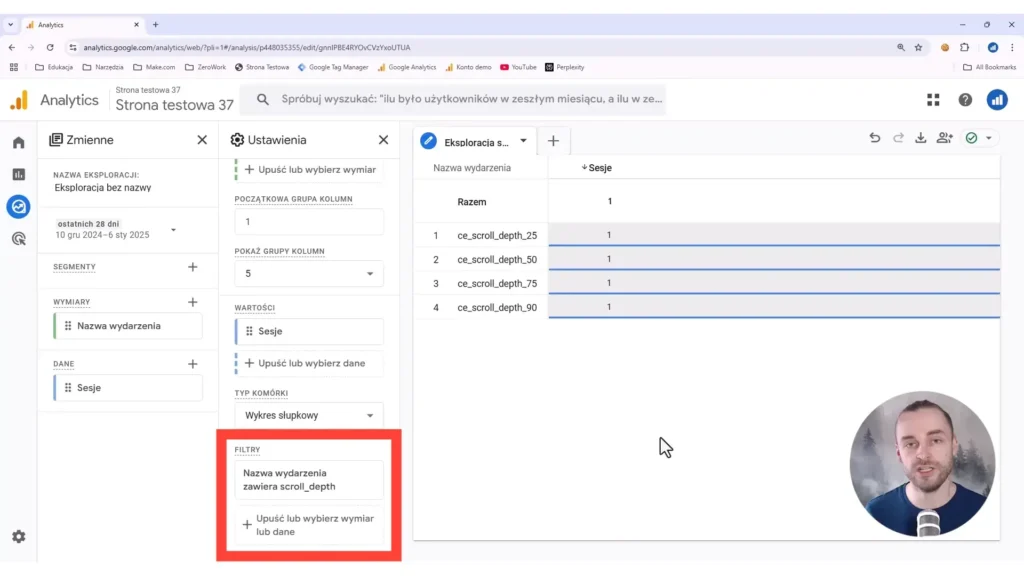 Zrzut ekrany przedstawiający nakładanie filtrów w eksploracjach w Google Analytics