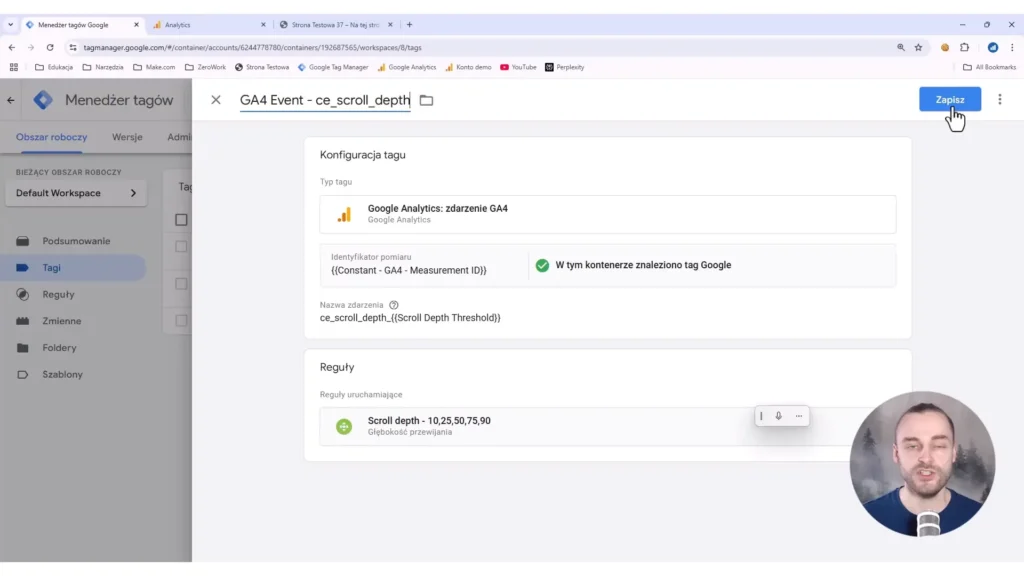 Zrzut ekrany przedstawiający tworzenie tagu zdarzenia scrollowania w Google Tag Manager