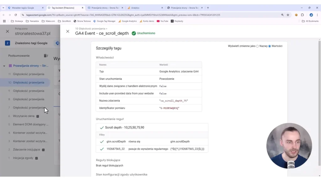 Zrzut ekrany przedstawiający szczegóły podglądu dla tagu związanego z przewijaniem w Google Tag Manager