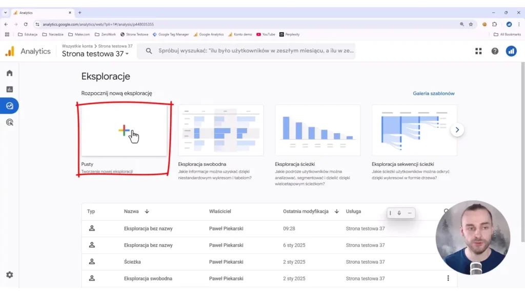 Zrzut ekrany przedstawiający tworzenie pustej eksploracji w Google Analytics