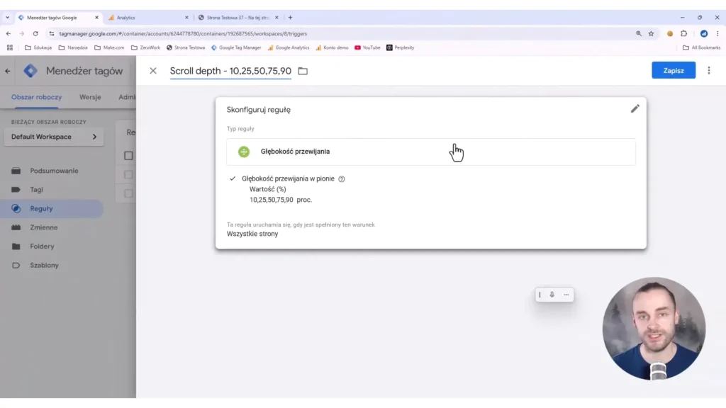 Zrzut ekrany przedstawiający ustawienia związane z regułą scrollowania w Google Tag Manager