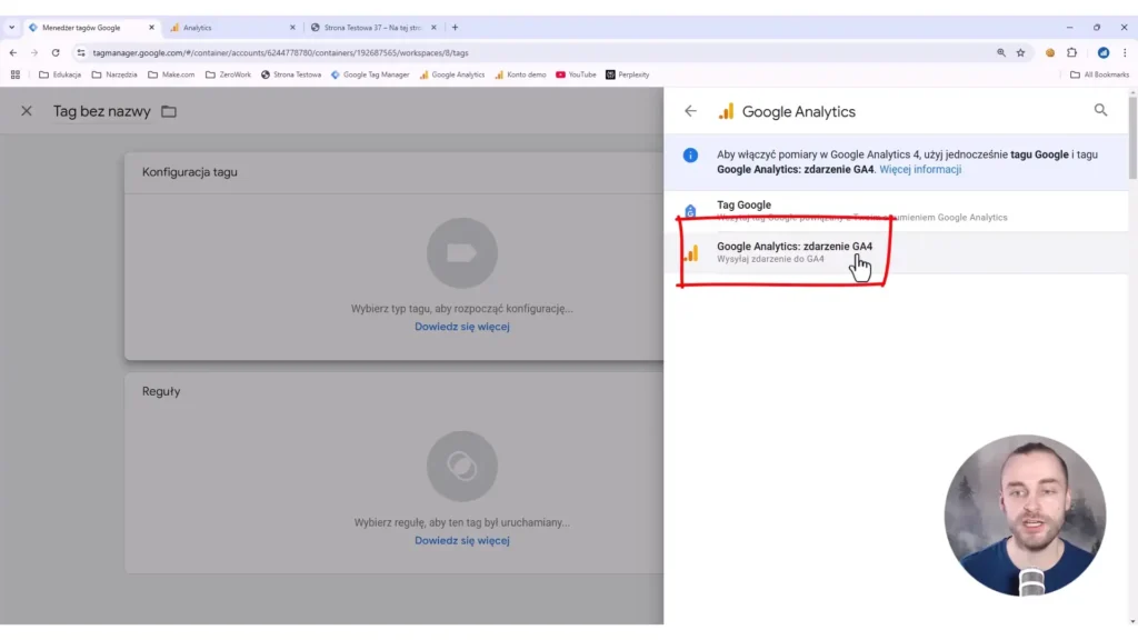 Zrzut ekrany przedstawiający wybór tagu zdarzenia Google Analytics w Google Tag Manager