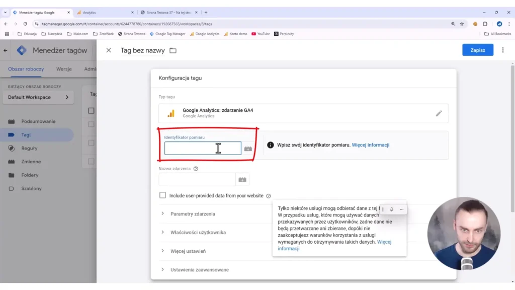 Zrzut ekrany przedstawiający okienko do wpisywania indetyfikatora pomiaru Google Analytics