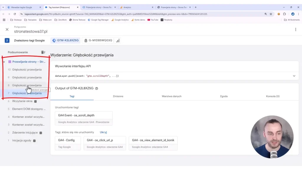 Zrzut ekrany przedstawiający tryb poglądu wraz z regułami W Google Tag Manager