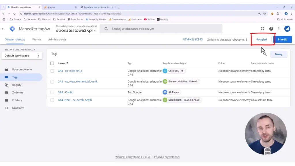 Zrzut ekrany przedstawiający przejście do poglądu debugowania w Google Tag Manager