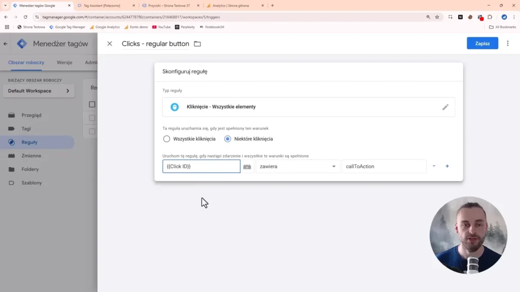 Zrzut ekrany przedstawiający regułę w Google Tag Manager dla przycisku "button" dla określnego ID