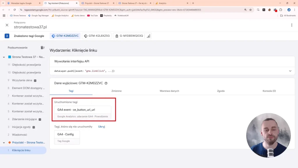 Zrzut ekrany przedstawiający tryb poglądu w Google Tag Manager z tagiem ze zdarzeniem kliknięcia w przycisk URL