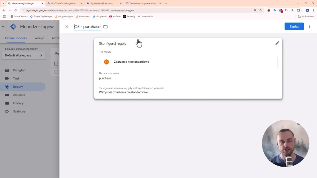 Zrzut ekranu przedstawiający konfigurację reguły zdarzenia purchase w Google Tag Manager
