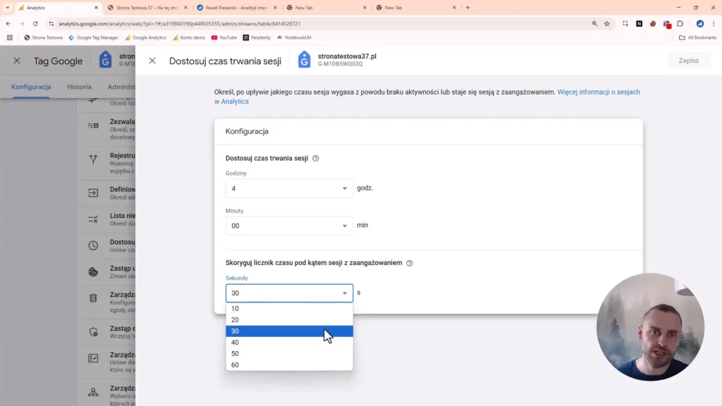 Zrzut ekranu przedstawiający ustawienia czasu trwania sesji z zaangażowaniem w Google Analytics 4