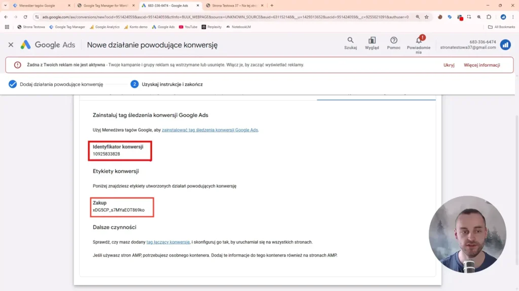 Zrzut ekranu przedstawiający identyfikator i etykietę konwersji w Google Ads