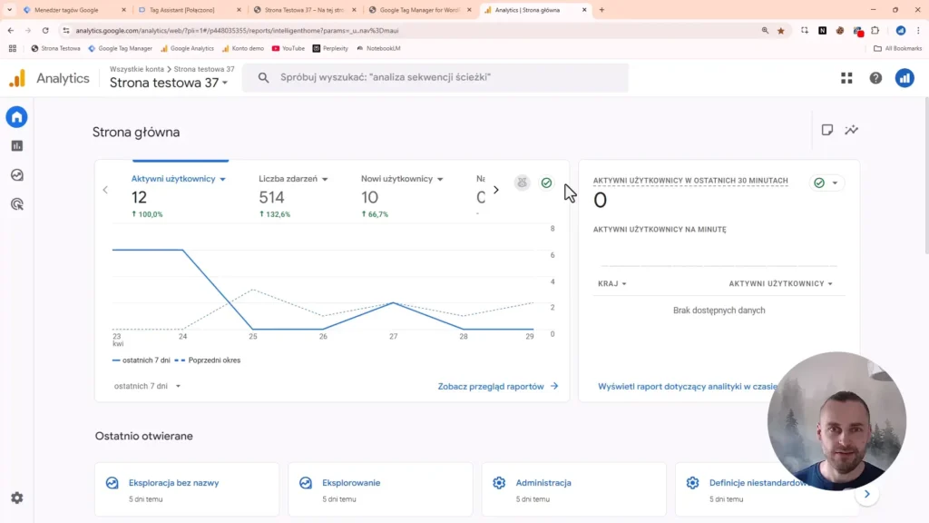 Zrzut ekran przedstawiający stronę główną Google Analytics 4 z danymi