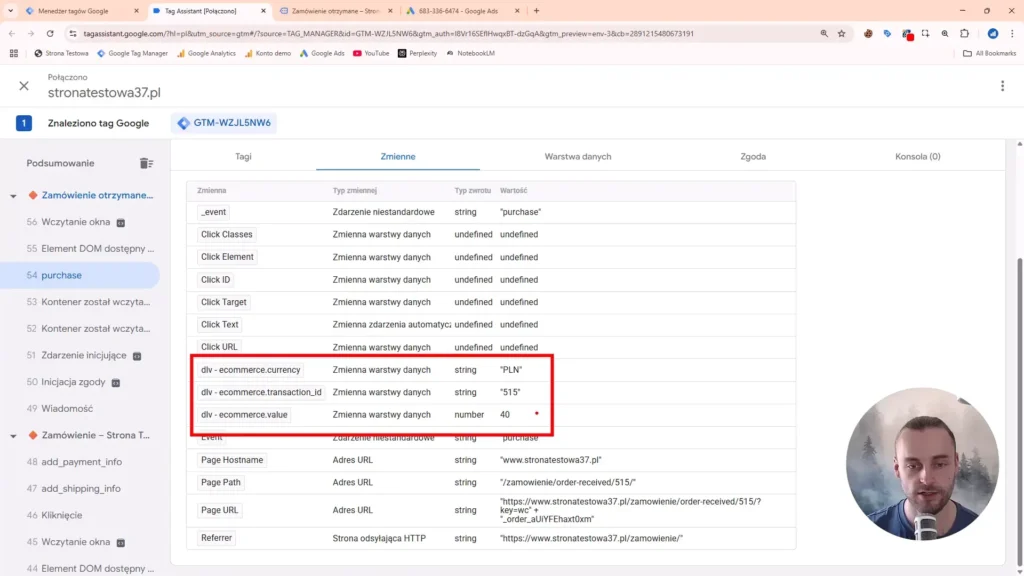 Zrzut ekranu przedstawiający tag purchase i zmienne e-commerce w Google Tag Manager