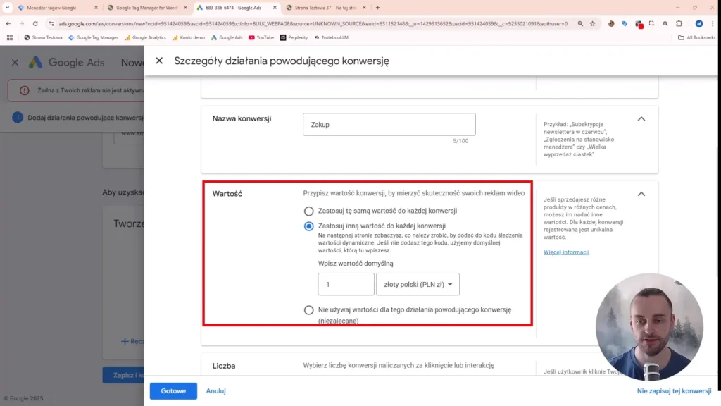 Zrzut ekranu przedstawiający ustawienia wartości konwersji w Google Ads