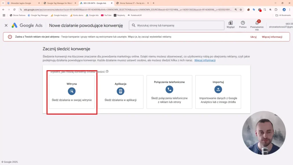 Zrzut ekranu przedstawiający ustawienie śledzenia działań w witrynie Google Ads