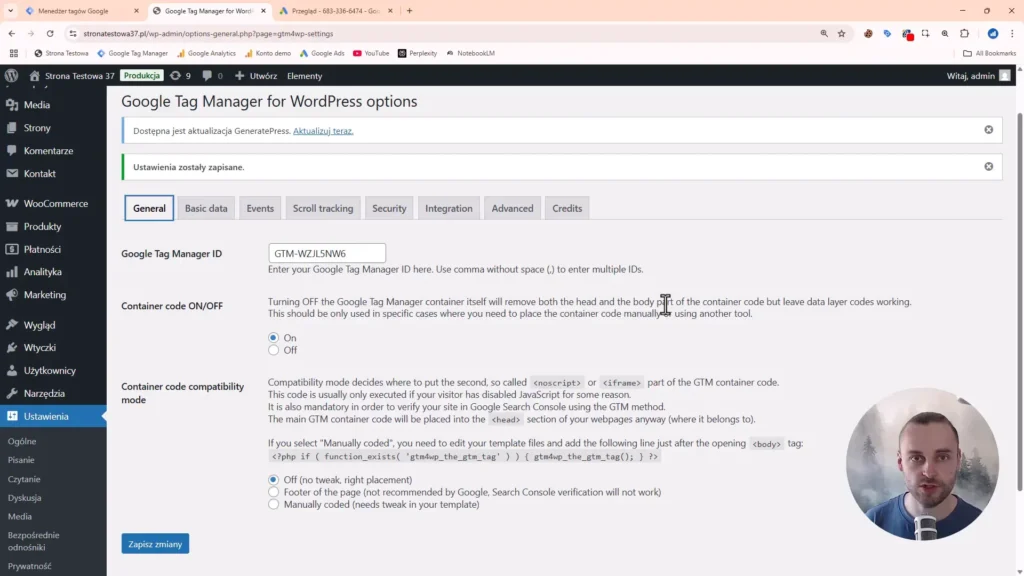 Zrzut ekranu przedstawiający opcje ustawień Google Tag Manager w WordPress