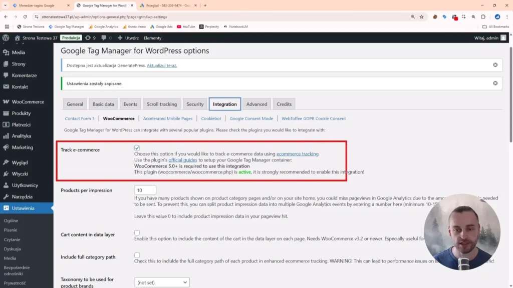 Zrzut ekranu przedstawiający opcje śledzenia e-commerce w Google Tag Manager dla WordPress