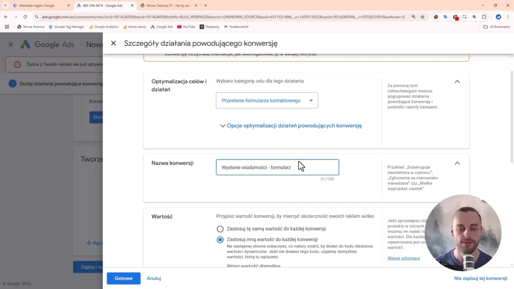 Zrzut ekranu przedstawiający konfigurację nazwy i celu konwersji w Google Ads