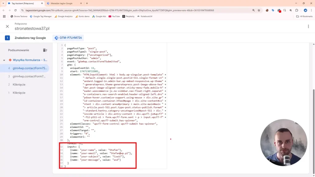 Zrzut ekranu przedstawiający szczegóły wysyłki formularza w poglądzie w Google Tag Manager