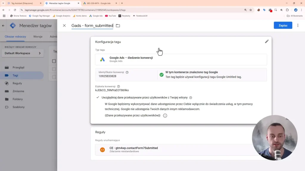 Zrzut ekranu przedstawiający konfigurację tagu Google Ads w Google Tag Manager