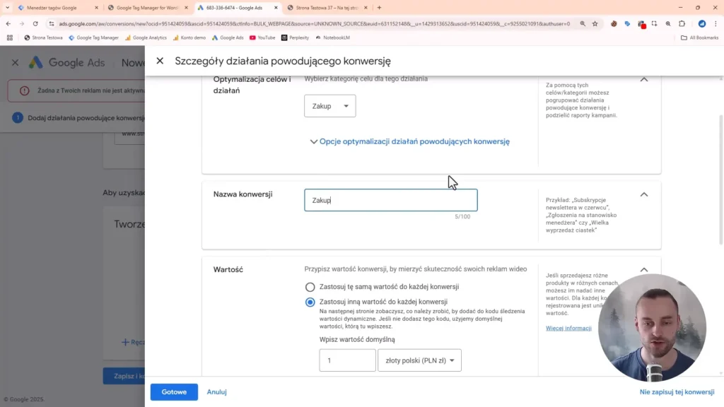 Zrzut ekranu przedstawiający cel i nazwy konwersji w Google Ads