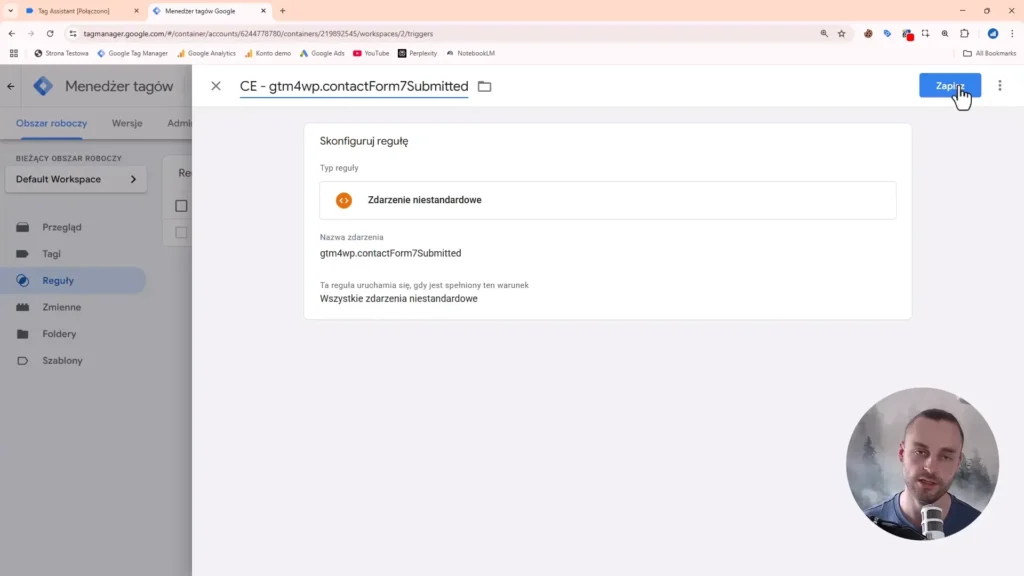Zrzut ekranu przedstawiający konfigurację reguły w Google Tag Manager