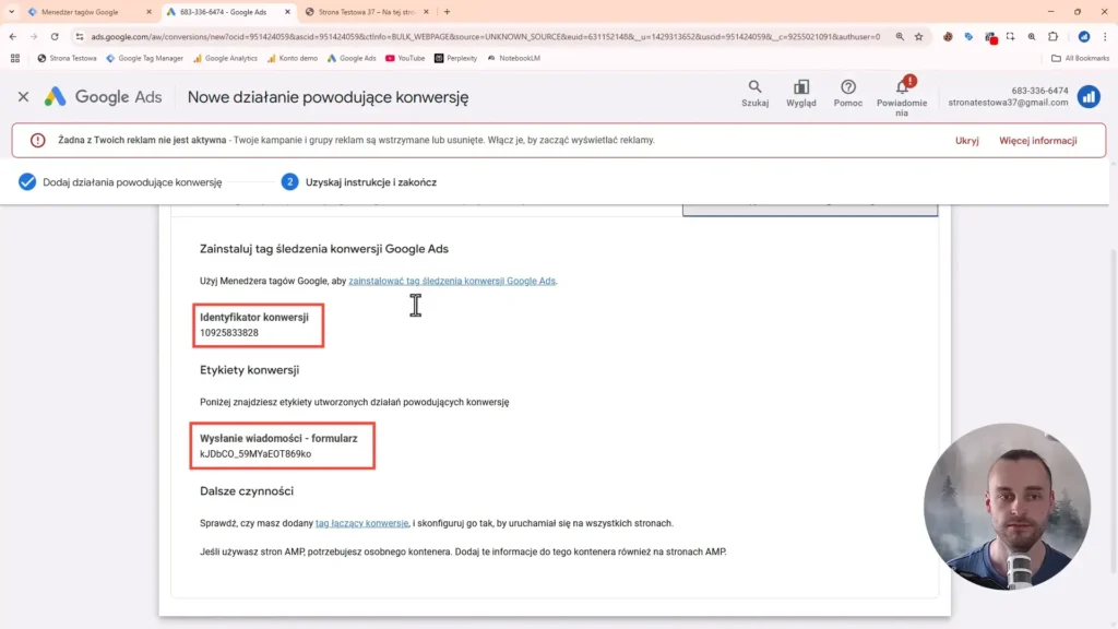 Zrzut ekranu przedstawiający konfigurację konwersji w Google Ads
