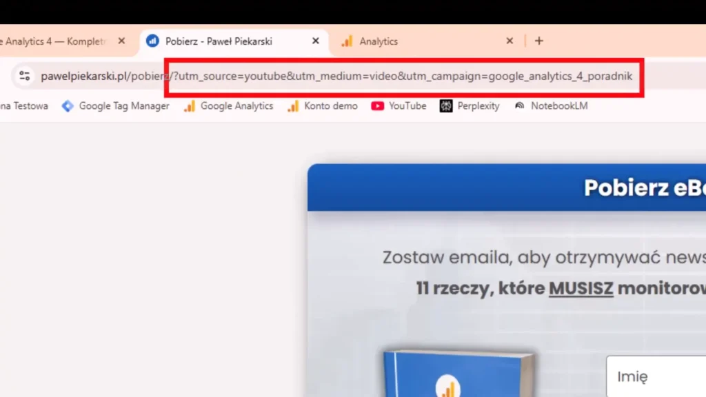 Zrzut ekranu przedstawiający użycie parametrów UTM w adresie URL strony