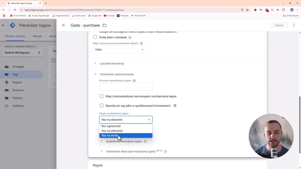 Zrzut ekranu przedstawiający opcje uruchamiania tagów w Google Tag Manager