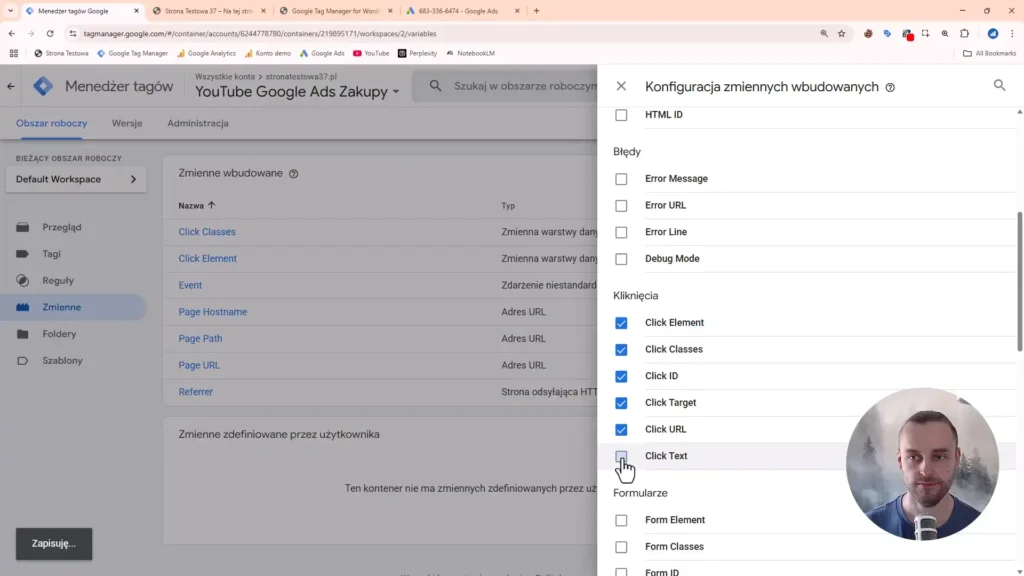 Zrzut ekranu przedstawiający konfigurację zmiennych w Google Tag Manager