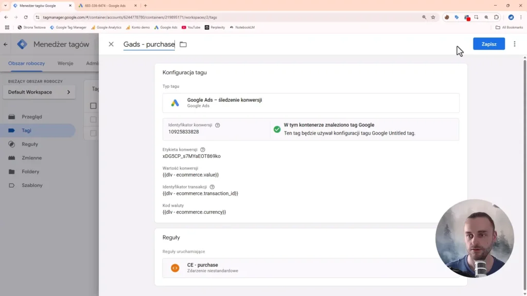Zrzut ekranu przedstawiający konfigurację tagu zakupów Google Ads w Google Tag Manager