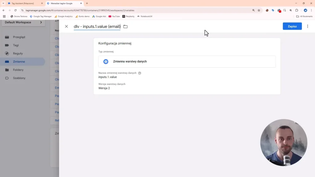 Zrzut ekranu przedstawiający konfigurację zmiennej adresu email w formularzu w Google Tag Manager
