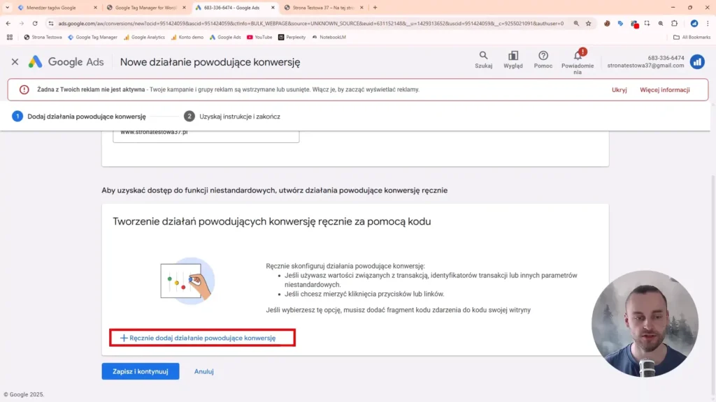 Zrzut ekranu przedstawiający dodawanie działań konwersji w Google Ads