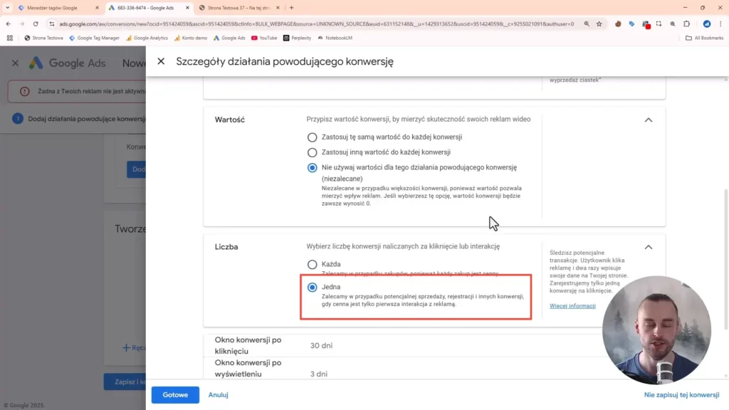 Zrzut ekranu przedstawiający ustawienia liczby konwersji w Google Ads