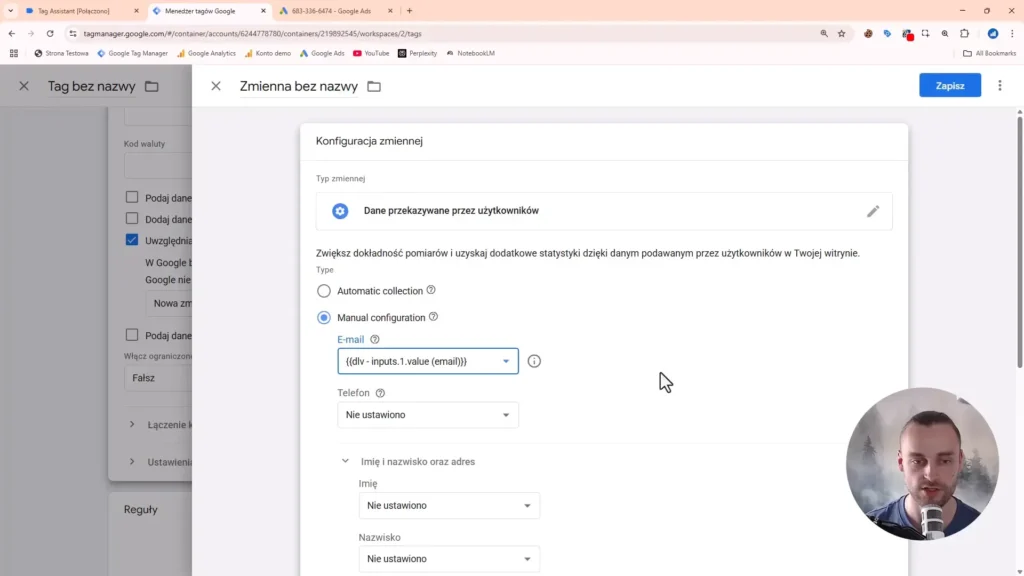 Zrzut ekranu przedstawiający konfigurację zmiennej przechowującej adres email w Google Tag Manager