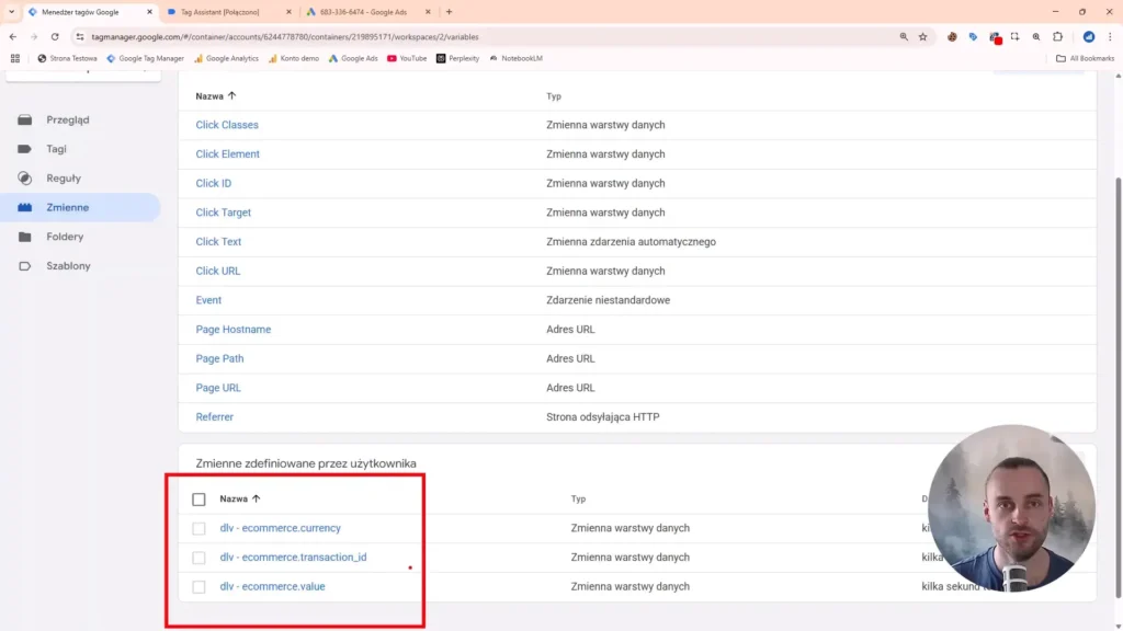 Zrzut ekranu przedstawiający zmienne zdefiniowane przez użytkownika w Google Tag Manager