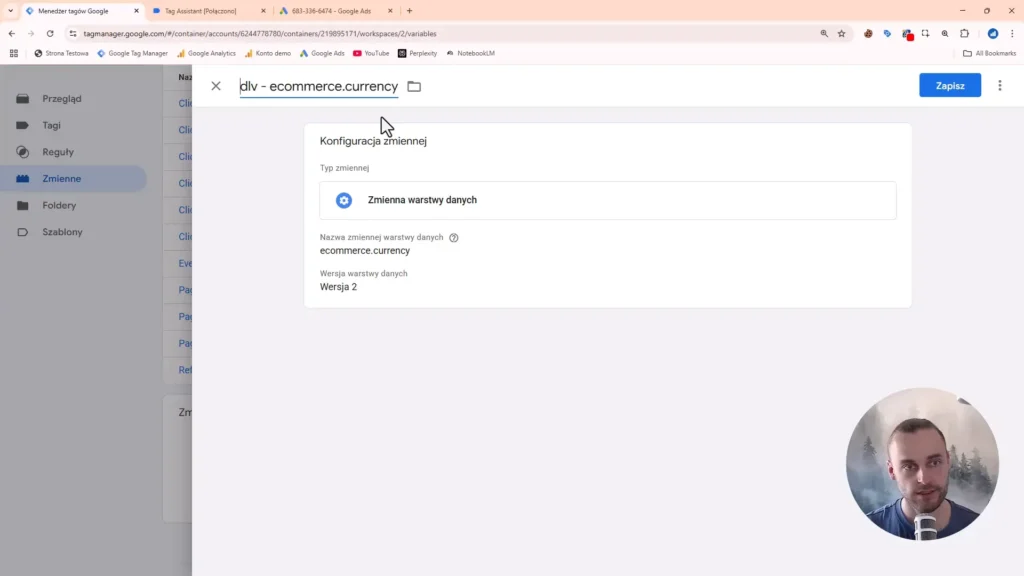 Zrzut ekranu przedstawiający konfigurację zmiennej ecommerce.currency w Google Tag Manager