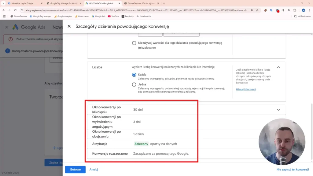 Zrzut ekranu przedstawiający szczegóły okna konwersji w Google Ads