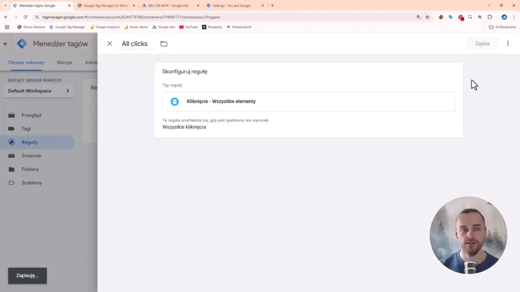 Zrzut ekranu przedstawiający konfigurację reguły kliknięć w Google Tag Manager