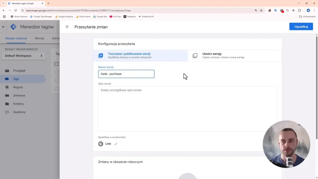 Zrzut ekranu przedstawiający konfigurację publikowania wersji w Google Tag Manager