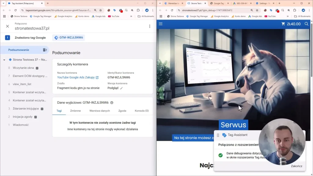Zrzut ekranu przedstawiający podgląd kontenera w Google Tag Manager