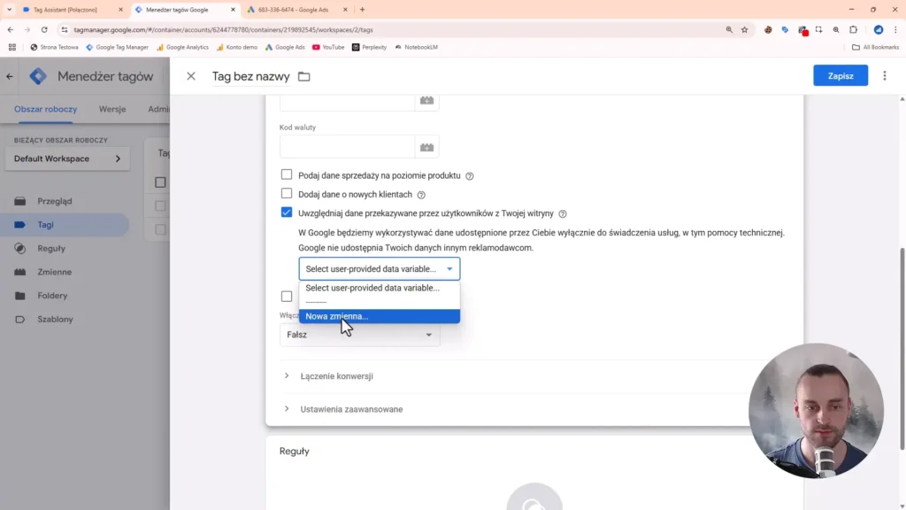 Zrzut ekranu przedstawiający dodawanie zmiennej dla konwersji rozrzeżonych w Google Tag Manager