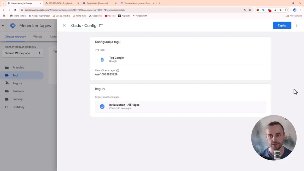 Zrzut ekranu przedstawiający konfigurację tagu Google Ads w Google Tag Manager