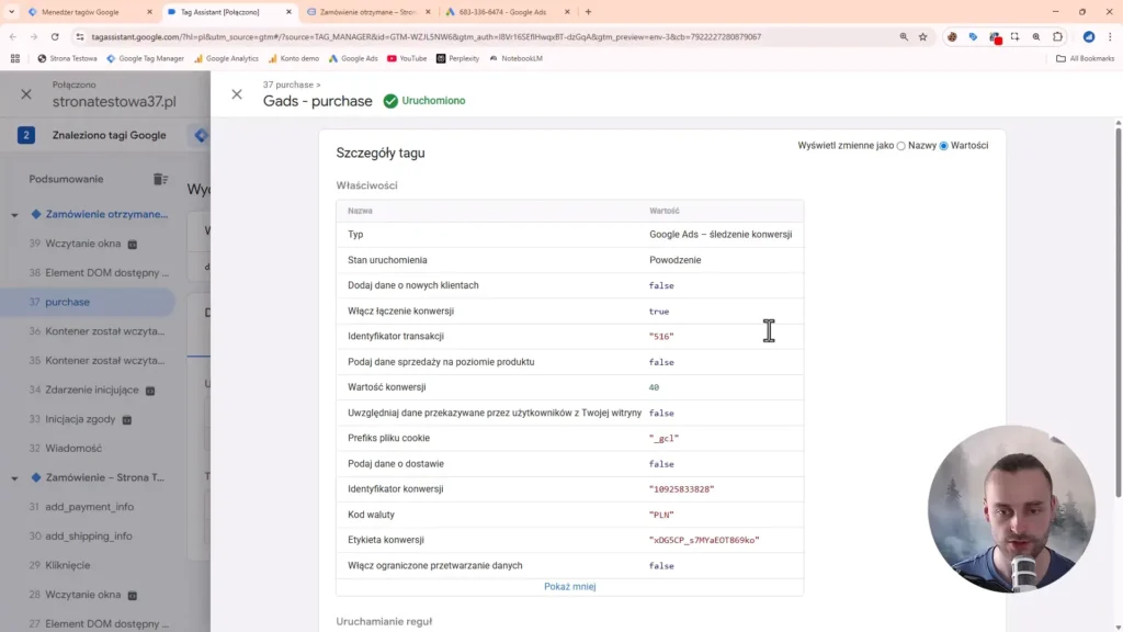 Zrzut ekranu przedstawiający konfigurację szczegółów tagu w Google Tag Manager